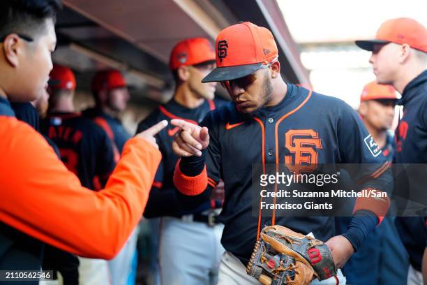 Thairo Estrada of the San Francisco Giants prepares for the Giants game at Oracle Park on March 26, 2024 in San Francisco, California.