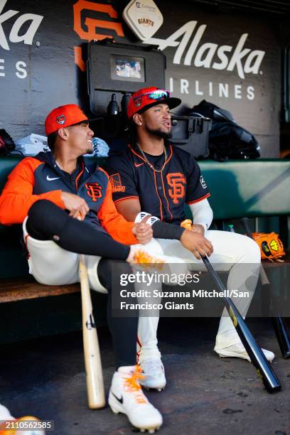 Ismael Munguia and Luis Matos of the San Francisco Giants prepare for the Giants game at Oracle Park on March 26, 2024 in San Francisco, California.