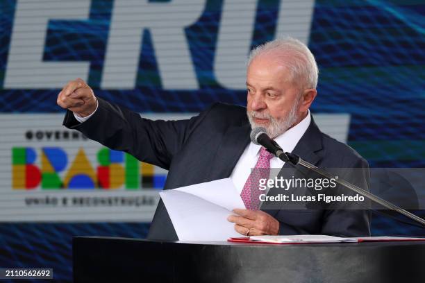 President of Brazil Luiz Inácio Lula da Silva speaks during the inauguration of the Tonelero submarine in the first day of the official visit of the...