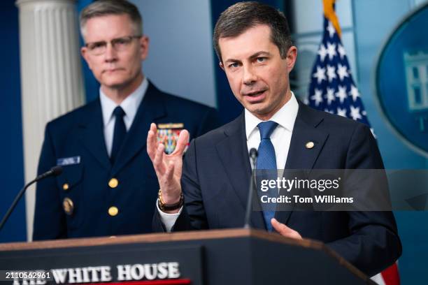 Secretary of Transportation Pete Buttigieg speaks about the Francis Scott Key Bridge collapse in Baltimore, during the White House press briefing on...