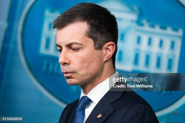 Secretary of Transportation Pete Buttigieg fields questions about the Francis Scott Key Bridge collapse in Baltimore, during the White House press...