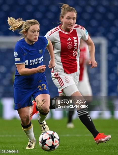 Ajax's Dutch midfielder Jonna van de Velde vies with Chelsea's Scottish midfielder Erin Cuthbert during the UEFA Women's Champions League...