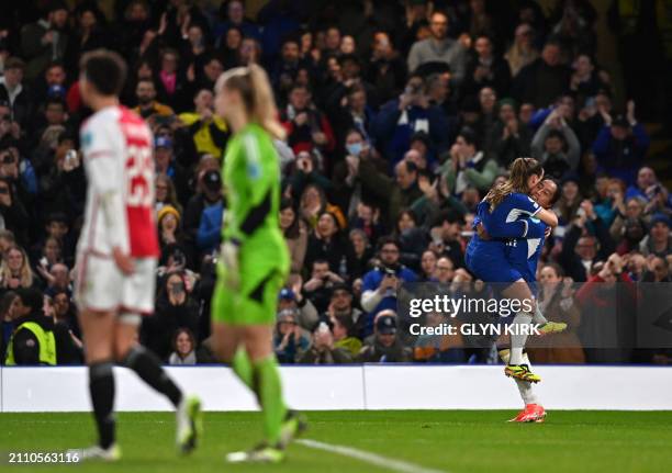 Chelsea's Colombian striker Mayra Ramirez celebrates scoring the opening goal during the UEFA Women's Champions League quarter-final second-leg...