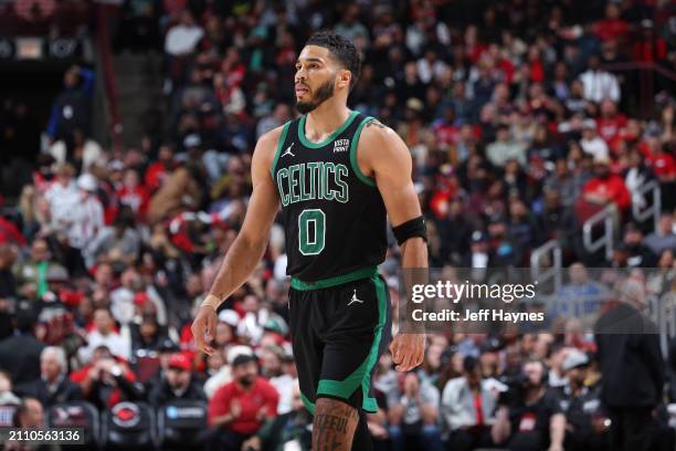 Jayson Tatum of the Boston Celtics looks on during the game against the Chicago Bulls on March 23, 2024 at United Center in Chicago, Illinois. NOTE...