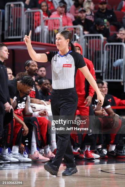 Referee Natalie Sago looks on during the game between the Boston Celtics and Chicago Bulls on March 23, 2024 at United Center in Chicago, Illinois....