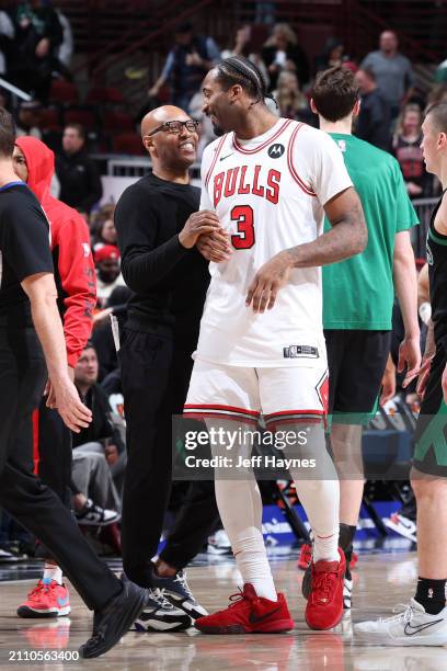 Andre Drummond of the Chicago Bulls smiles during the game against the Boston Celtics on March 23, 2024 at United Center in Chicago, Illinois. NOTE...