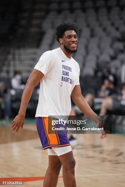 Thaddeus Young of the Phoenix Suns smiles before the game against the San Antonio Spurs on March 25, 2024 at the AT&T Center in San Antonio, Texas....