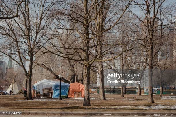 The unhoused find shelter in makeshift tent encampments at Allan Gardens park in Toronto, Ontario, Canada, on Wednesday, Feb. 21, 2024. Toronto is at...