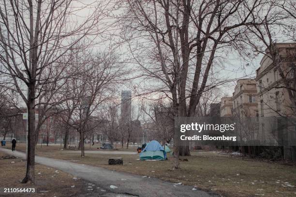 The unhoused find shelter in makeshift tent encampments at Alexandra Park in Toronto, Ontario, Canada, on Wednesday, Feb. 21, 2024. Toronto is at the...