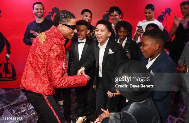 Myles Frost greets young cast members Ethan Sokontwe, Elliot Mugume, Dylan Trigger, Sekhani Dumezweni and Khanya Madaka attend the press night after...