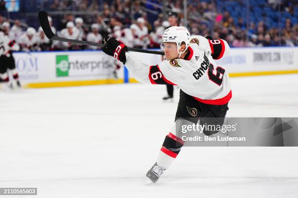 Jakob Chychrun of the Ottawa Senators scores a goal during the first period of an NHL game against the Buffalo Sabres on March 27, 2024 at KeyBank...