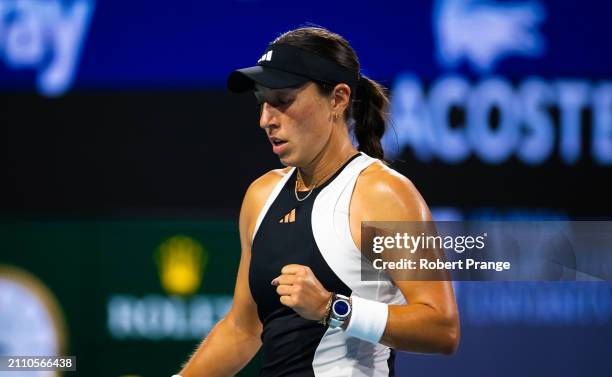 Jessica Pegula of the United States in action against Ekaterina Alexandrova in the quarter-final on Day 12 of the Miami Open Presented by Itau at...