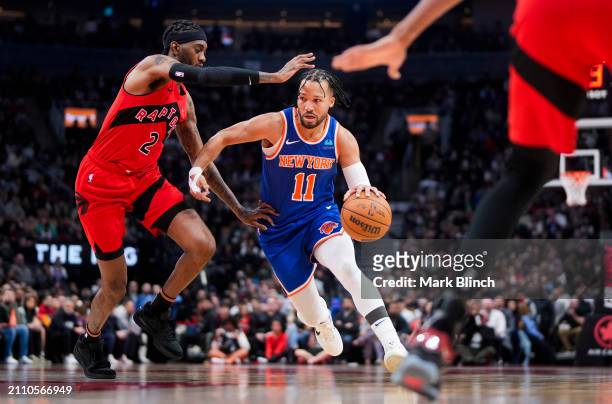 Jalen Brunson of the New York Knicks drives against Jalen McDaniels of the Toronto Raptors during the first half of their basketball game at the...