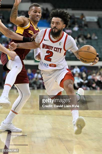 Jalen Harris of the Windy City Bulls driving to the basket against the Cleveland Charge on March 27, 2024 in Cleveland, Ohio at the Wolstein Center....