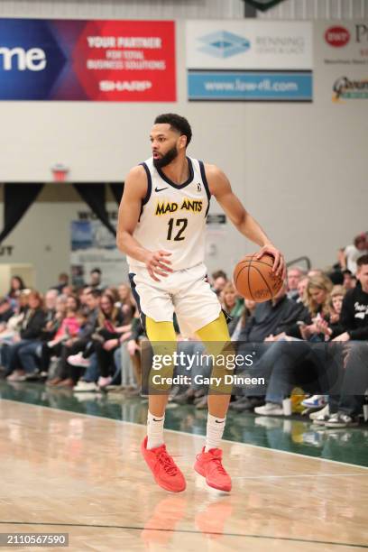 Pedro Bradshaw of the Indiana Mad Ants dribbles against the Wisconsin Herd during an NBA G-League game on March 27, 2024 at The Oshkosh Arena in...