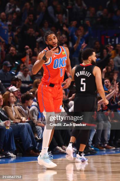 Isaiah Joe of the Oklahoma City Thunder reacts during the game against the Houston Rockets on March 27, 2024 at Paycom Arena in Oklahoma City,...