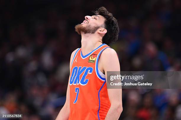 Chet Holmgren of the Oklahoma City Thunder reacts after a foul call during the first half against the Houston Rockets at Paycom Center on March 27,...