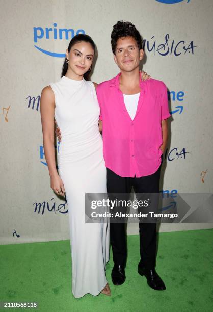 Camila Mendes and Rudy Mancuso are seen at the "Musica" Miami premiere at Regal South Beach on March 27, 2024 in Miami Beach, Florida.