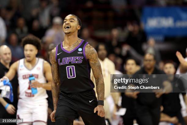 Ray Harrison of the Grand Canyon Antelopes reacts to a play during the first half against the Alabama Crimson Tide in the second round of the NCAA...