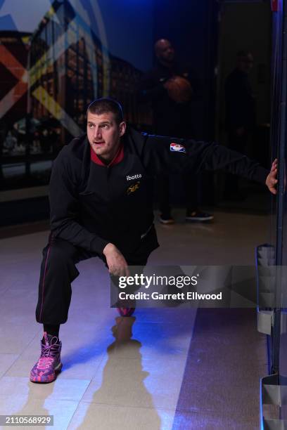 Nikola Jokic of the Denver Nuggets warms up before the game against the Phoenix Suns on March 27, 2023 at the Ball Arena in Denver, Colorado. NOTE TO...