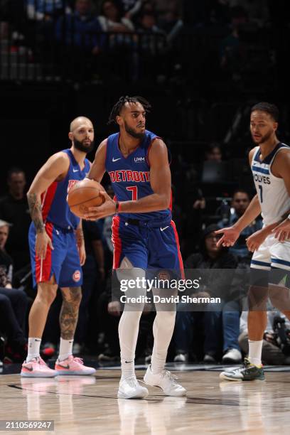 Troy Brown Jr. #7 of the Detroit Pistons handles the ball during the game against the Minnesota Timberwolves on March 27, 2024 at Target Center in...