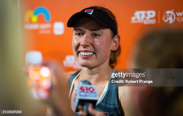 Ekaterina Alexandrova talks to the media after defeating Jessica Pegula of the United States in the quarter-final on Day 12 of the Miami Open...