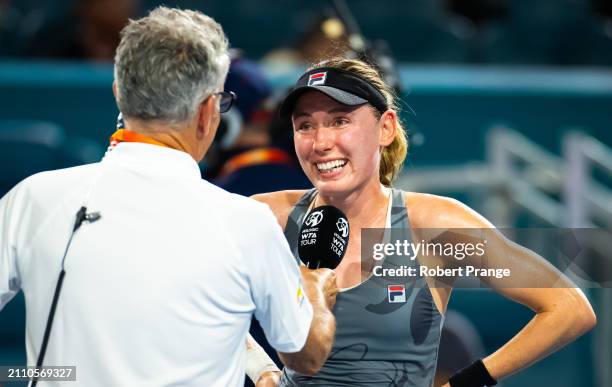 Ekaterina Alexandrova during her post-match interview after defeating Jessica Pegula of the United States in the quarter-final on Day 12 of the Miami...