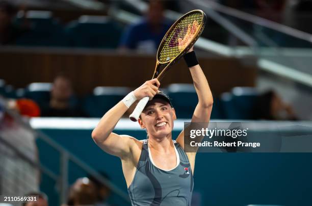 Ekaterina Alexandrova in action reacts to defeating Jessica Pegula of the United States in the quarter-final on Day 12 of the Miami Open Presented by...