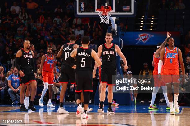 Jock Landale of the Houston Rockets reacts during the game against the Oklahoma City Thunder on March 27, 2024 at Paycom Arena in Oklahoma City,...