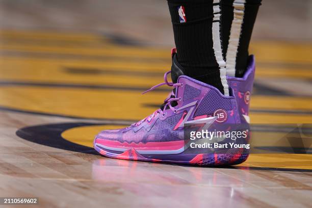 The sneakers worn by Nikola Jokic of the Denver Nuggets on March 27, 2024 at the Ball Arena in Denver, Colorado. NOTE TO USER: User expressly...