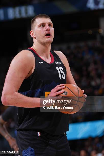 Nikola Jokic of the Denver Nuggets shoots a free throw during the game on March 27, 2024 at the Ball Arena in Denver, Colorado. NOTE TO USER: User...