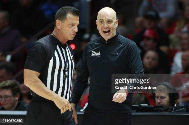 Craig Smith head coach of the Utah Utes argues a call with referee Mike Littlewood during the first half against the VCU Rams in the quarterfinals of...