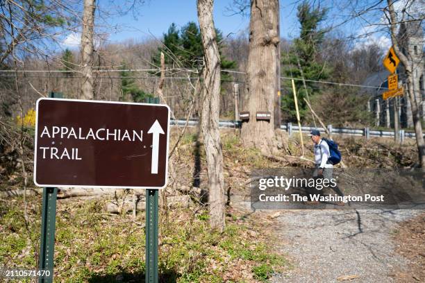 Boonsboro, United States A hiker walks on the Appalachian Trail near Boonsboro, MD on March 20, 2024. Boonsboro is at the foot of South Mountain in...
