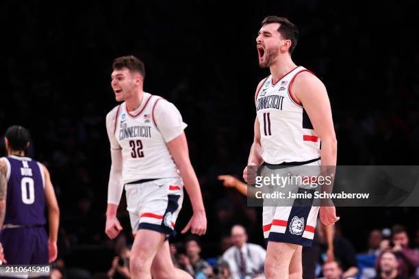 Alex Karaban of the Connecticut Huskies reacts during the first half of the game against the Northwestern Wildcats during the second round of the...