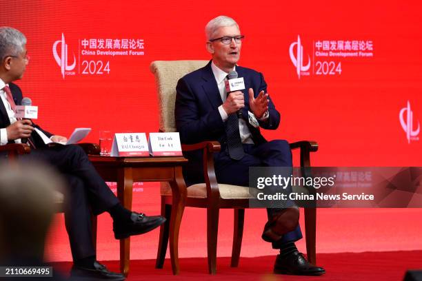 Tim Cook , chief executive officer of Apple Inc., speaks during the China Development Forum 2024 at the Diaoyutai State Guesthouse on March 24, 2024...