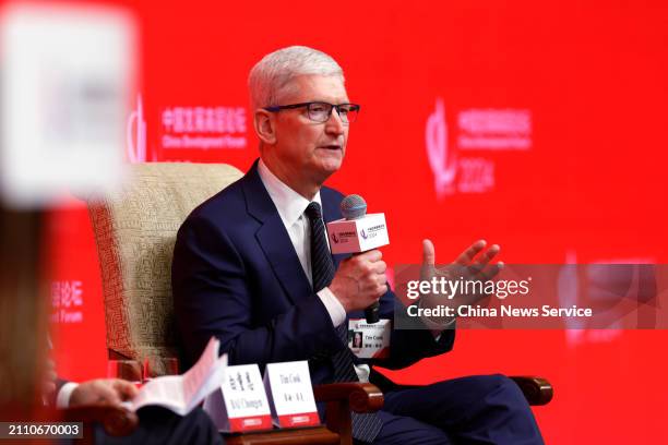 Tim Cook, chief executive officer of Apple Inc., speaks during the China Development Forum 2024 at the Diaoyutai State Guesthouse on March 24, 2024...