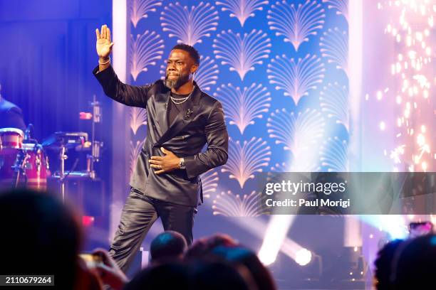 Kevin Hart speaks on stage during the 25th Annual Mark Twain Prize For American Humor at The Kennedy Center on March 24, 2024 in Washington, DC.