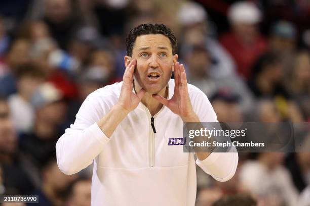 Head coach Bryce Drew of the Grand Canyon Antelopes reacts to a play during the second half against the Alabama Crimson Tide in the second round of...