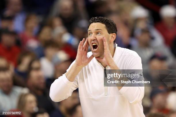 Head coach Bryce Drew of the Grand Canyon Antelopes reacts to a play during the second half against the Alabama Crimson Tide in the second round of...