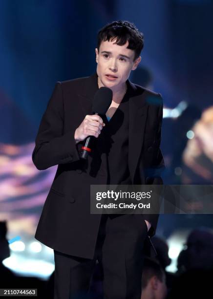 Elliot Page speaks onstage during the 2024 JUNO Awards at Scotiabank Centre on March 24, 2024 in Halifax, Nova Scotia.