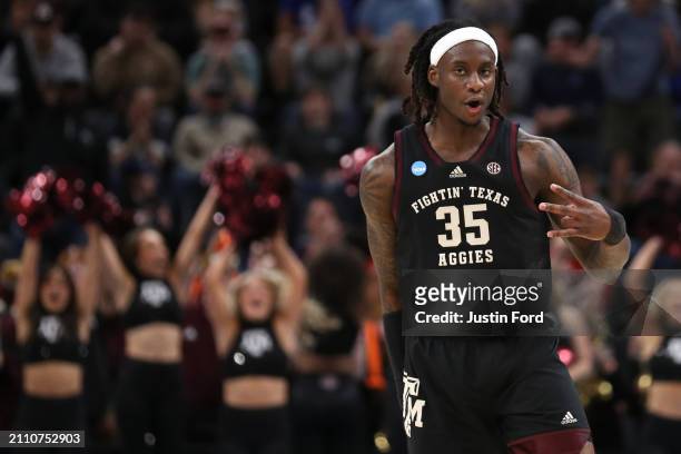 Manny Obaseki of the Texas A&M Aggies reacts during the first half against the Houston Cougars in the second round of the NCAA Men's Basketball...