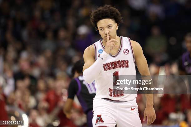 Mark Sears of the Alabama Crimson Tide celebrates a three-point basket during the second half against the Grand Canyon Antelopes in the second round...