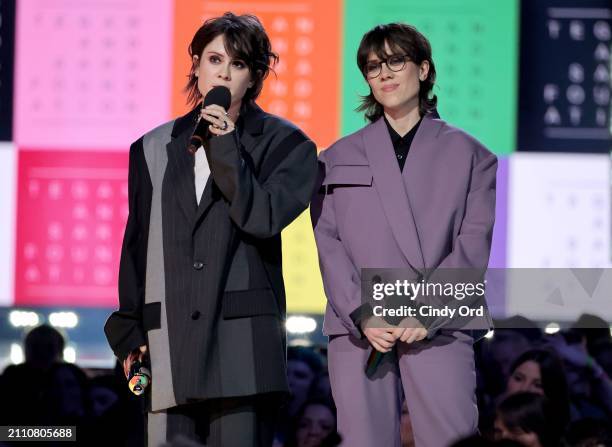 Tegan Quin and Sara Quin of Tegan and Sara speak onstage during the 2024 JUNO Awards at Scotiabank Centre on March 24, 2024 in Halifax, Nova Scotia.