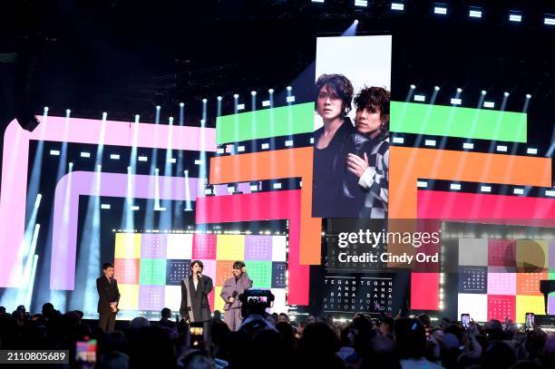 Tegan Quin and Sara Quin of Tegan and Sara speak onstage during the 2024 JUNO Awards at Scotiabank Centre on March 24, 2024 in Halifax, Nova Scotia.