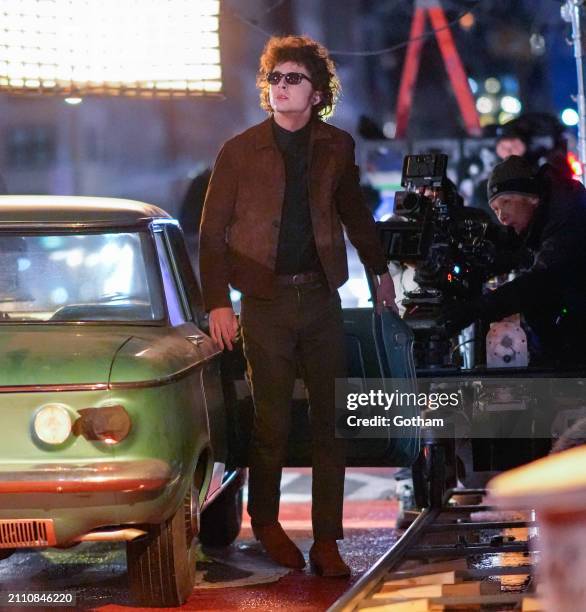 Timothee Chalamet is seen on location for the Bob Dylan biopic titled 'A Complete Unknown' on March 24, 2024 in New York City.