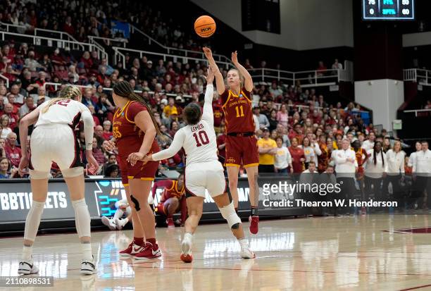 Emily Ryan of the Iowa State Cyclones shoots a three-point shot over Talana Lepolo of the Stanford Cardinal during the first half in the second round...