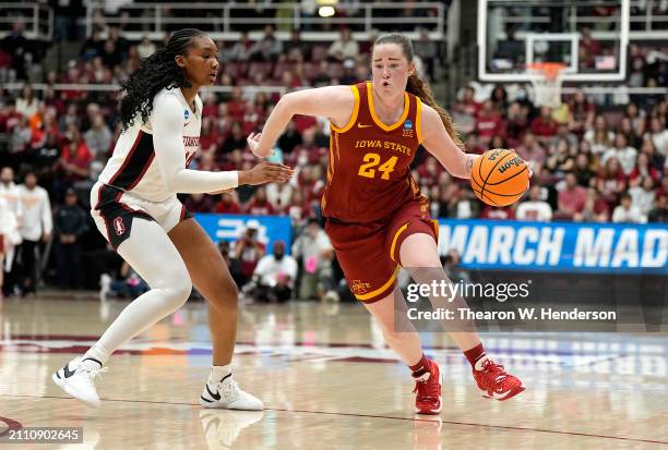 Addy Brown of the Iowa State Cyclones dribbling the ball is guarded by Kiki Iriafen of the Stanford Cardinal during the first half in the second...