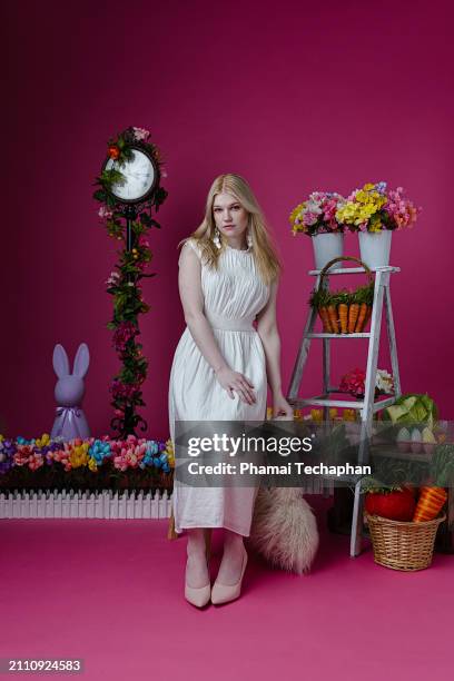 elegant woman  wearing white dress - giant rabbit stock pictures, royalty-free photos & images