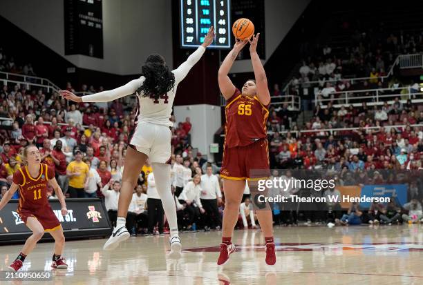 Audi Crooks of the Iowa State Cyclones shoots over Kiki Iriafen of the Stanford Cardinal during the first half in the second round of the NCAA...