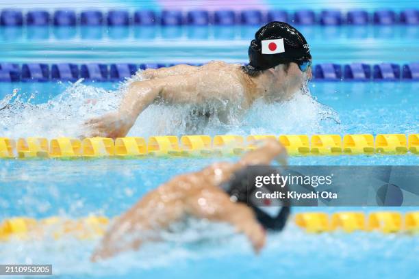 Keiichi Kimura and Uchu Tomita swim during a send-off ceremony ahead of the Paris 2024 Paralympic Games during day eight of the Swimming Olympic...